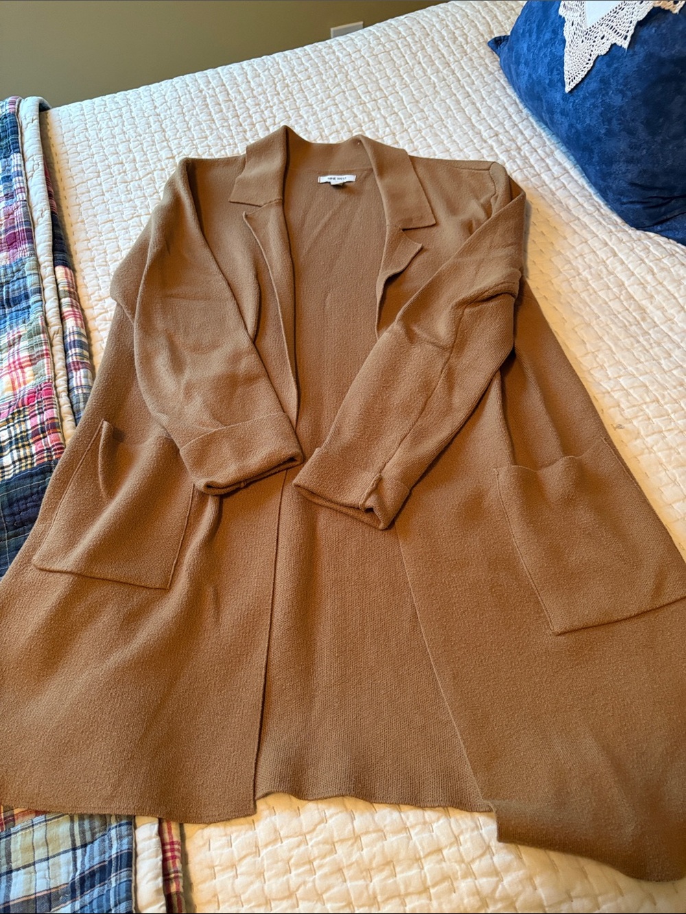 Nine West Camel Open-Front Knit Cardigan